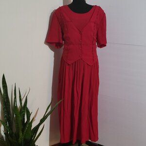 Vintage Lady Dorby Modest Red Maxi Dress Faux Tie On Vest Size 22W